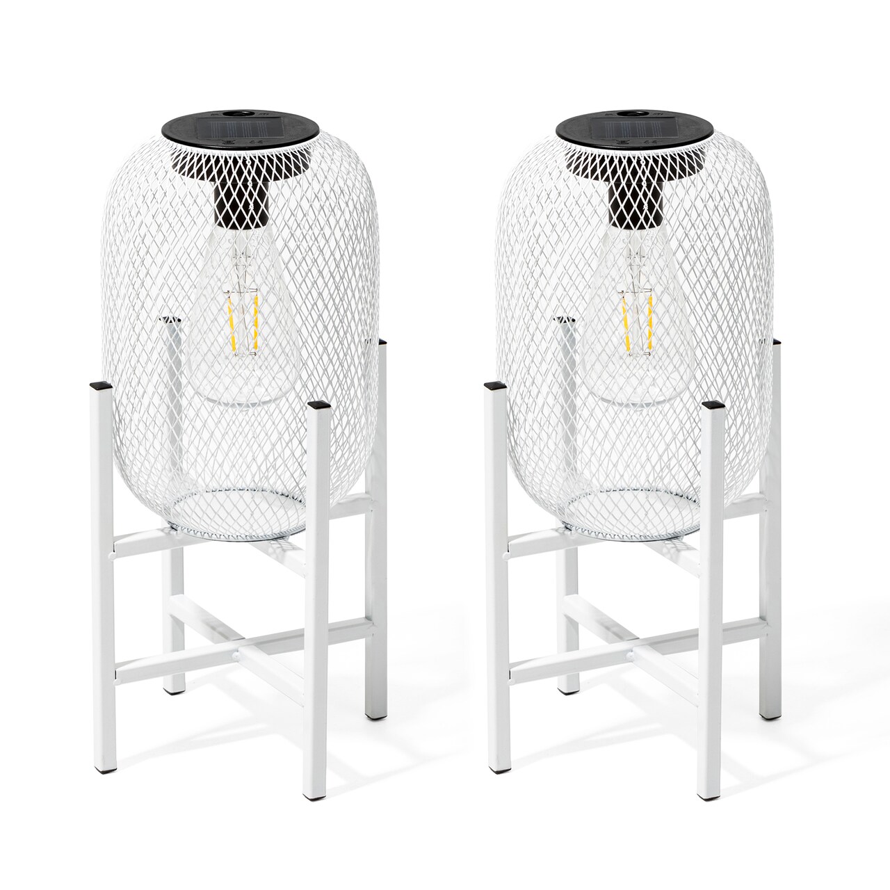 Set of 2 White Metal Mesh Solar Powered Edison Bulb Outdoor Lantern with Stand